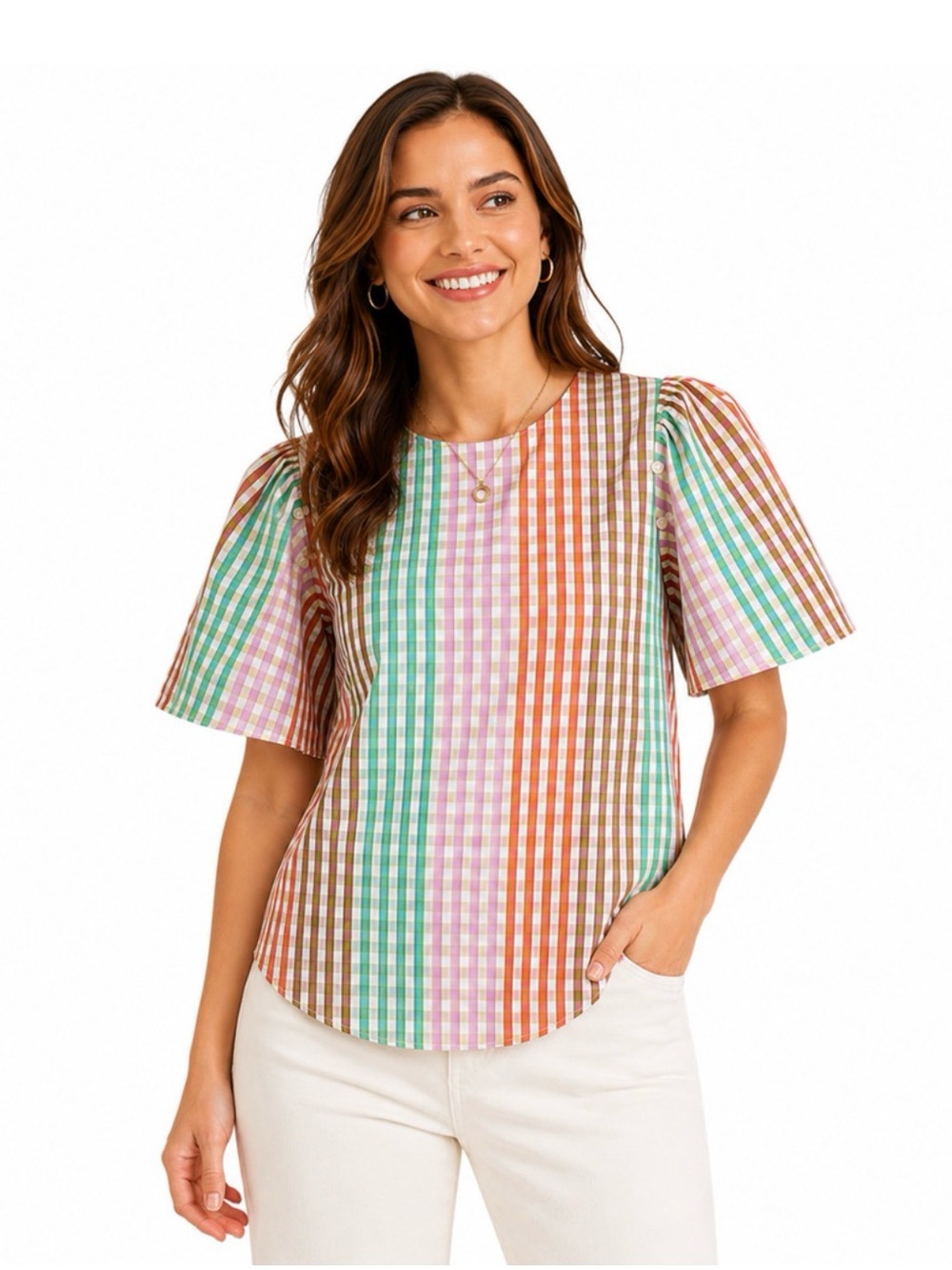 kate spade Multicolor Gingham Puff Sleeve Top